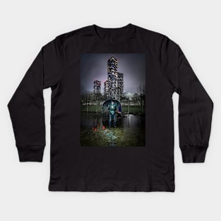 Man with Phone in Urban Park with Skyscrapers Behind Kids Long Sleeve T-Shirt